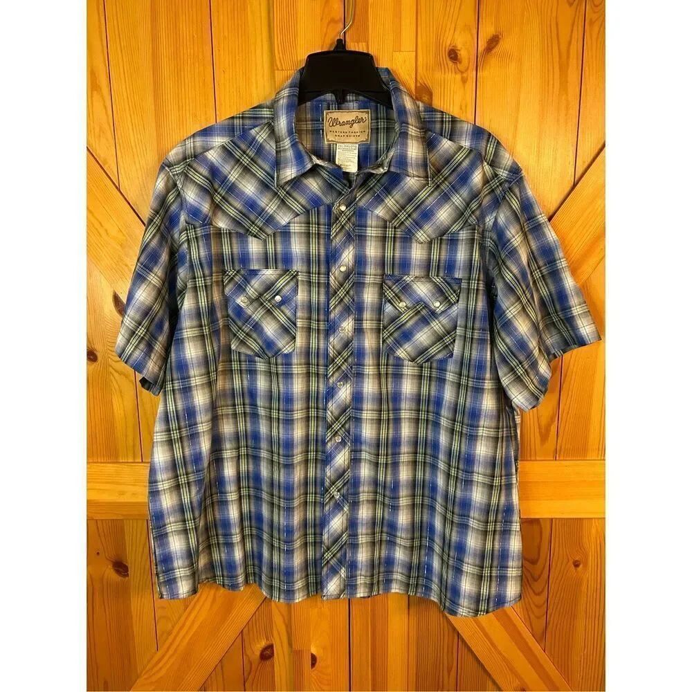 Wrangler Shirt Mens 2XL XXL Blue Green Plaid Pearl Snap Western Fashion (8113)